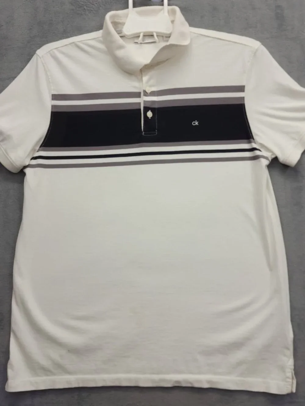 Calvin Klein CK Slim Fit Polo Shirt Men L White Striped 100% Cotton - Picture 2 of 15